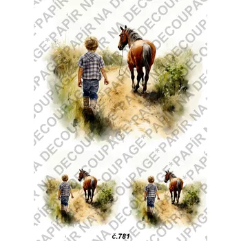 Umělecký papír Rýžový a soft papír na decoupage - Dítě s koněm - KB0781 Materiál: Soft, Rozměr: A4
