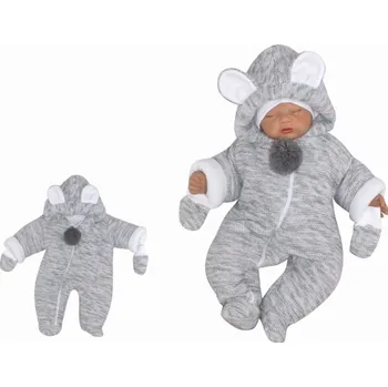 Kojenecká kombinéza Z&Z Oteplená pletená kombinéza s kapucí a oušky + rukavičky - šedá, vel. 68