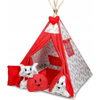 Hra na zahradu Baby Nellys Stan pro děti týpí s velkou výbavou, čtyři polštářky + podložka, šedá, červená