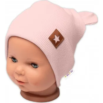 Pokrývka hlavy Baby Nellys Žebrovaná dvouvrstvá čepice s oušky TEDDY - pudrová, vel. 68/74