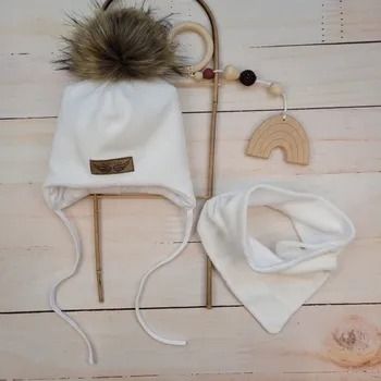 Čepice Zimní dvouvrstvá čepice na zavazování s bambulí z kožešinky + šátek Z&Z, bílá, vel. 68/74