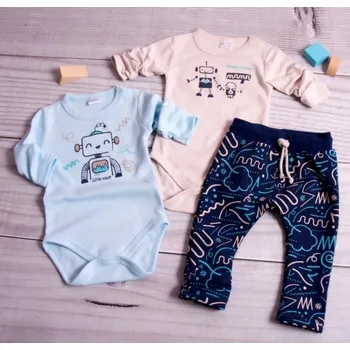 Kojenecké oblečení K-Baby 3-dílná sada - 2x body dl. rukáv,tepláčky, New Robot Baby, béžová,sv. modrá