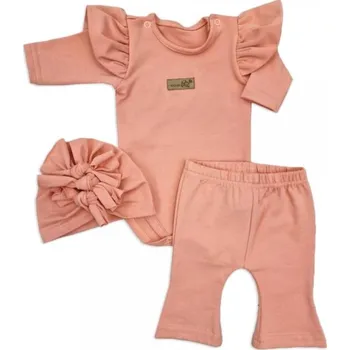 Kojenecká souprava Body s volánky, legíny do zvonu a čepička, 3D, bavlna, meruňková, vel. 86