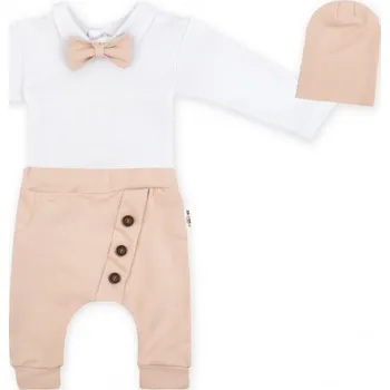 Baby Nellys 3-dílná sada Hubert, body s motýlkem, tepláčky a čepička - béžový, vel. 86