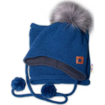 Čepice Zimní čepice s fleecem a chlupáčková bambule Star + komínek - granát, 104/116