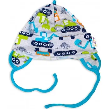 Dětská móda Baby Nellys Bavlněná čepička s oušky na zavazování - Bagr, šedá