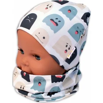 Čepice Baby Nellys Dvouvrstvá čepice + komínek Příšerky, bílá/mátová, vel. 92/98