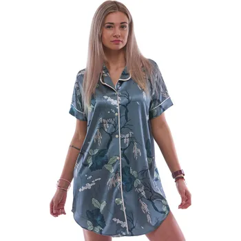 Dámská noční košile Kovově zelená elegantní košilka s límečkem celopropínací na knoflíky - Seian 1E8531 zelená xl