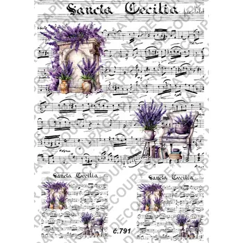 Umělecký papír Rýžový a soft papír na decoupage - Levandule noty - KB0791 Materiál: Soft, Rozměr: A4