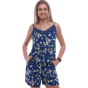 Dámské pyžamo Modré elegantní dámské letní pyžamo s krajkou a žlutý květinový vzor 1B2223 modrá s