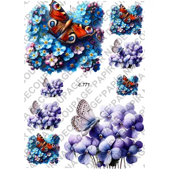 Umělecký papír Rýžový a soft papír na decoupage - Motýli na květině - KB0771 Materiál: Soft, Rozměr: A4