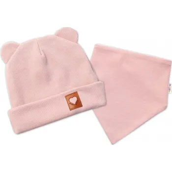 Pokrývka hlavy Baby Nellys Žebrovaná dvouvrstvá čepice s oušky + šátek TEDDY - pudrová, 80/86
