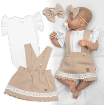 Kojenecký body 3D sada LADY, bavlna, body kr. rukáv, suknička s láclem, čelenka, béžová/bílá