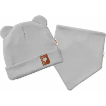 Čepice Žebrovaná dvouvrstvá čepice s oušky + šátek TEDDY - šedá