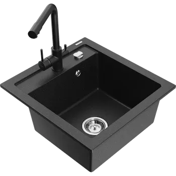 Granitový dřez Mexen Vito granitový dřez s 1 komorou a kuchyňskou baterií Duero, černý/stříbrný metalik - 6503-73-671600-70 Granitové dřezy s baterií