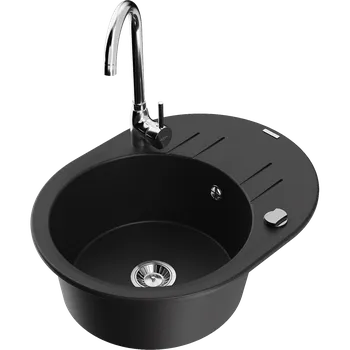 Granitový dřez Mexen Kevin granitový dřez 1-komorový s odkapávačem a kuchyňskou baterií Telma, černý - 6517-77-670200-00 Granitové dřezy s baterií