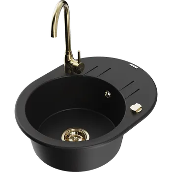 Granitový dřez Mexen Kevin granitový dřez 1-komorový s odkapávačem a kuchyňskou baterií Telma, černý - 6517-77-670200-50 Granitové dřezy s baterií