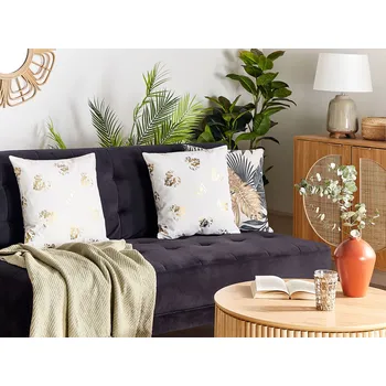 Polštář Sada 2 dekoračních polštářů bílá a zlatá 45 x 45 cm samet motiv listů dekorace obývací pokoj ložnice Beliani