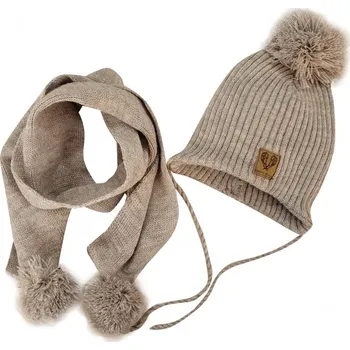 Kojenecká čepice Dvouvrstvá pletená čepička na zavazování + šál s bambulky, béžový melírek, vel. 80/86