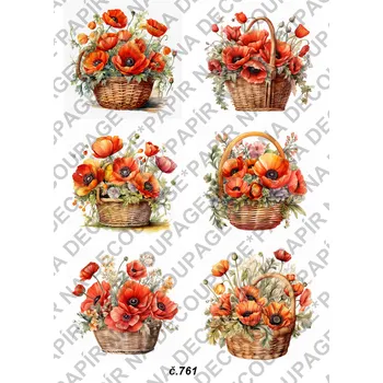 Umělecký papír Rýžový a soft papír na decoupage - Vlčí máky v košíku - KB0761 Materiál: Soft, Rozměr: A4