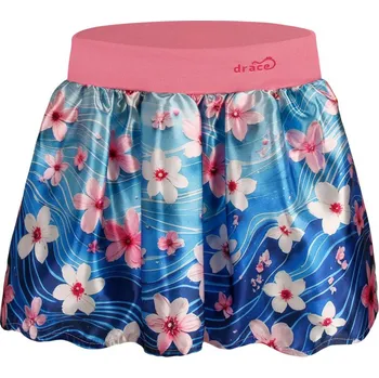 Dívčí sukně Dětská atlasová sukně - vzor 06 - modrá - růžové kytky 140 - 146