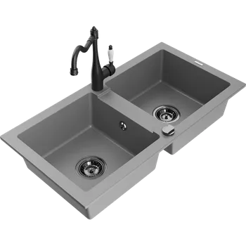 Granitový dřez Mexen Mario dvoukomorový granitový dřez s kuchyňskou baterií Carla, šedý - 6504-71-670700-70-B Granitové dřezy s baterií