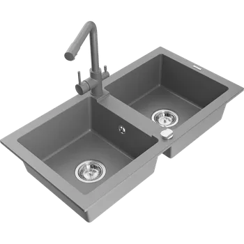 Granitový dřez Mexen Mario dvoukomorový žulový dřez s kuchyňskou baterií Duero, šedý - 6504-71-671600-71 Granitové dřezy s baterií