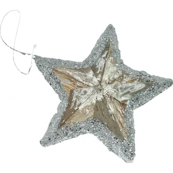 Vánoční dekorace Hvězda dřevěná natur stříbrné třpytky 12cm 3003310