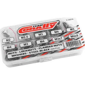 TEAM CORALLY Matky - Stop matky - Podložky sada/box - M2 - M2.5 - M3 - M4 - ocelové černé, 320 ks.