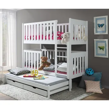 Dětská postel Dětská patrová postel z masivu borovice s přistýlkou a šuplíky EMIL - 200x90 cm - bílá