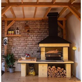 Zahradní krb Víceúčelový zahradní krb s udírnou a odkládací plochou v provedení KOMBI - Výška podstavce 52 cm / Vpravo / Individuální požadavek / Žlutá