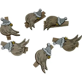 Vánoční dekorace Dřevěné kolíčky ptáčci se stříbrnou čepicí 6 ks 3001810