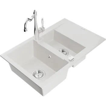 Granitový dřez Mexen Gaspar granitový dřez 1,5-komorový s odkapávačem a kuchyňskou baterií Carla, bílý - 6507-20-670700-00 Granitové dřezy s baterií