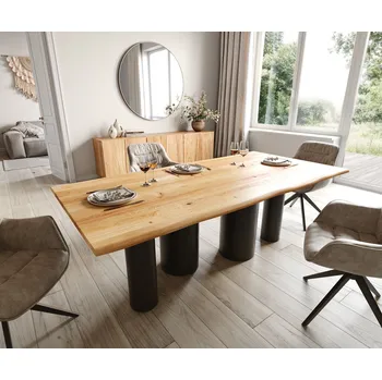 Jídelní stůl DELIFE Jídelní stůl Edge 200x100x2,5-3 dub přírodní pilíř kov černý Live-Edge