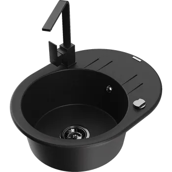 Granitový dřez Mexen Kevin granitový dřez s 1 komorou, odkapávačem a kuchyňskou baterií Rita, černý - 6517-77-670300-70-B Granitové dřezy s baterií