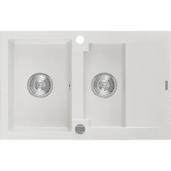 Granitový dřez Mexen Gaspar granitový dřez 1,5-komorový s odkapávačem 737 x 475 mm, bílý, sifon chrom - 6507731505-20 Granitové dřezy