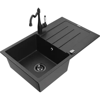 Granitový dřez Mexen Bruno žulový dřez 1-komorový s odkapávačem a kuchyňskou baterií Carla, černý/stříbrný metalík - 6513-73-670700-70-B Granitové dřezy s baterií
