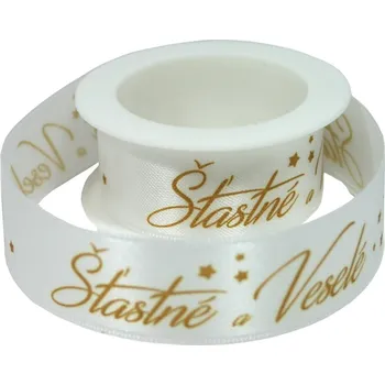 Stuha Látková stuha Šťastné a veselé bílá 2m x 2,5cm/3ks 7402805