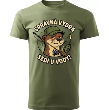 Pánské rybářské tričko Správná vydra sedí u vody khaki