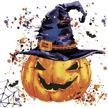 Papírový ubrousek Goba Ubrousky Halloween 3400415 33x33 cm 20 ks usměvavá vyřezávaná dýně s čarodějnickým kloboukem, netopýři, pavučina, barevné stříkance