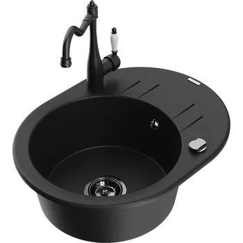 Granitový dřez Mexen Kevin granitový dřez 1-komorový s odkapávačem a kuchyňskou baterií Carla, černý - 6517-77-670700-70-B Granitové dřezy s baterií