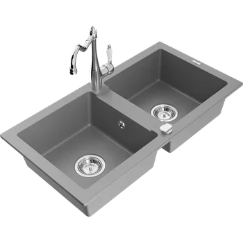Granitový dřez Mexen Mario žulový dvoukomorový dřez s kuchyňskou baterií Carla, šedý - 6504-71-670700-00 Granitové dřezy s baterií