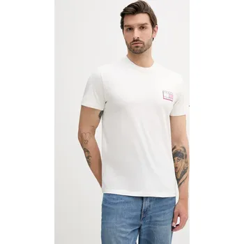 Bavlněné tričko Tommy Jeans pánské, bílá barva, s potiskem, DM0DM21577 00X, vel. S