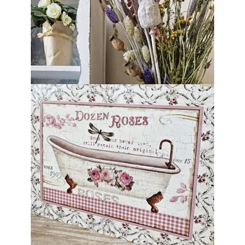 Plechová cedule Béžová antik nástěnná kovová cedule s vanou a růžemi Dozes Roses - 25*33 cm