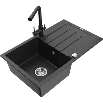 Granitový dřez Mexen Bruno granitový dřez s 1 komorou s odkapávačem a kuchyňskou baterií Duero, černý/stříbrný metalický Granitové dřezy s baterií