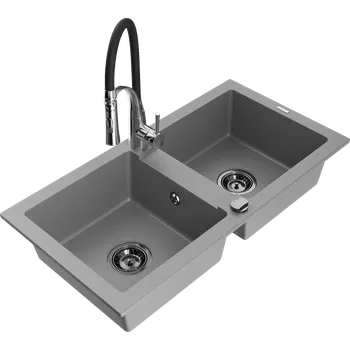 Granitový dřez Mexen Mario dřez granitový 2-komorový s kuchyňskou baterií Aster, šedý - 6504-71-73450-07-B Granitové dřezy s baterií