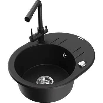 Granitový dřez Mexen Kevin granitový dřez 1-komorový s odkapávačem a kuchyňskou baterií Duero, černý - 6517-77-671600-70 Granitové dřezy s baterií