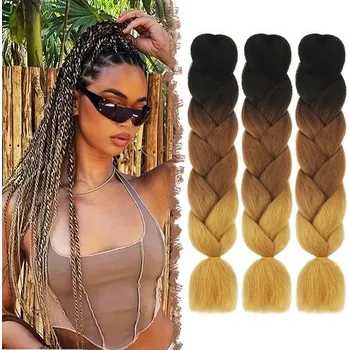 Čelenka FESHFEN Prodlužování vlasů, 3 kusy barevných jumbo copánků Kanekalon syntetických copánků Box