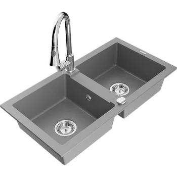 Granitový dřez Mexen Mario dvoukomorový granitový dřez s kuchyňskou baterií Elia, šedý - 6504-71-670101-00 Granitové dřezy s baterií