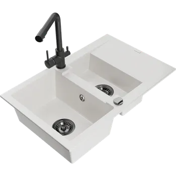 Granitový dřez Mexen Gaspar granitový dřez 1,5-komorový s odkapávačem a kuchyňskou baterií Duero, bílý - 6507-20-671600-70 Granitové dřezy s baterií